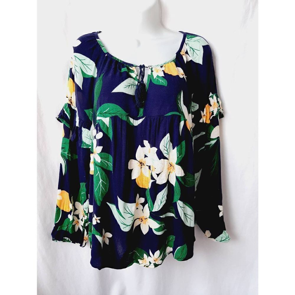Old navy blue yellow floral medium keyhole blouse